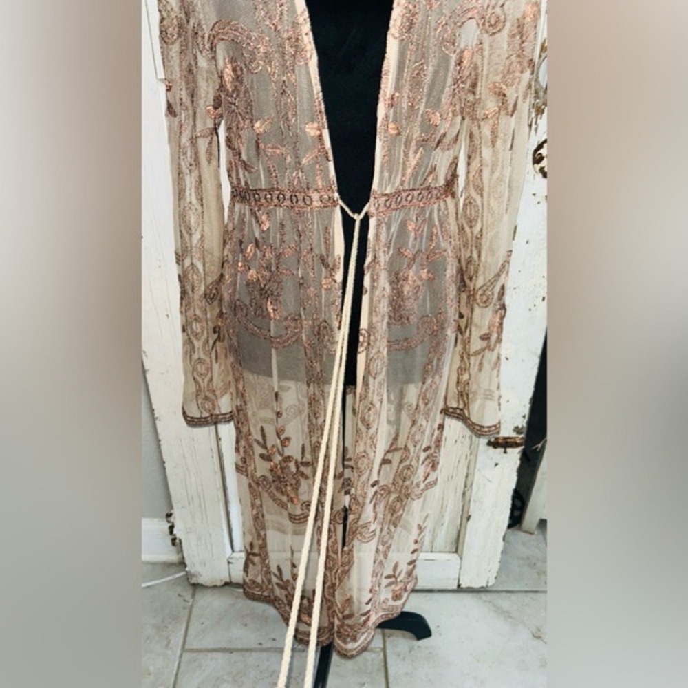 Romantic Boho Floral Embroidered Festival Mesh Ethereal Maxi‎ Kimono Duster - Picture 3 of 8